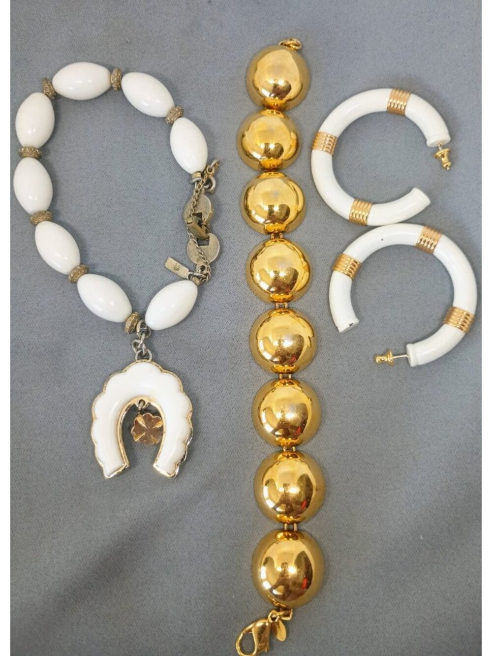 Vtg Monet Lot Bracelet Earring ~Gently loved Gold Half Sphere, White Lucky Charm - Picture 2 of 14